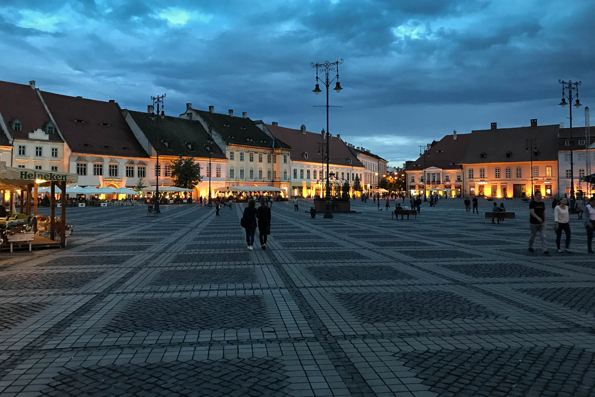 view of a typical street in the center of romanian city sibiu