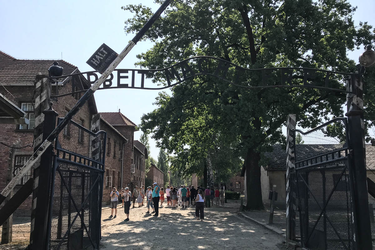Entrance to Aushwitz with the famous gate. Now a replica, after the original was stolen and found.