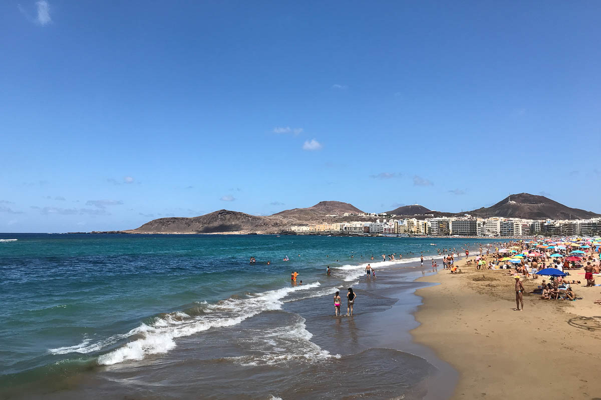 Center of Las Canteras Beach Looking North. Look at the colors of the water.