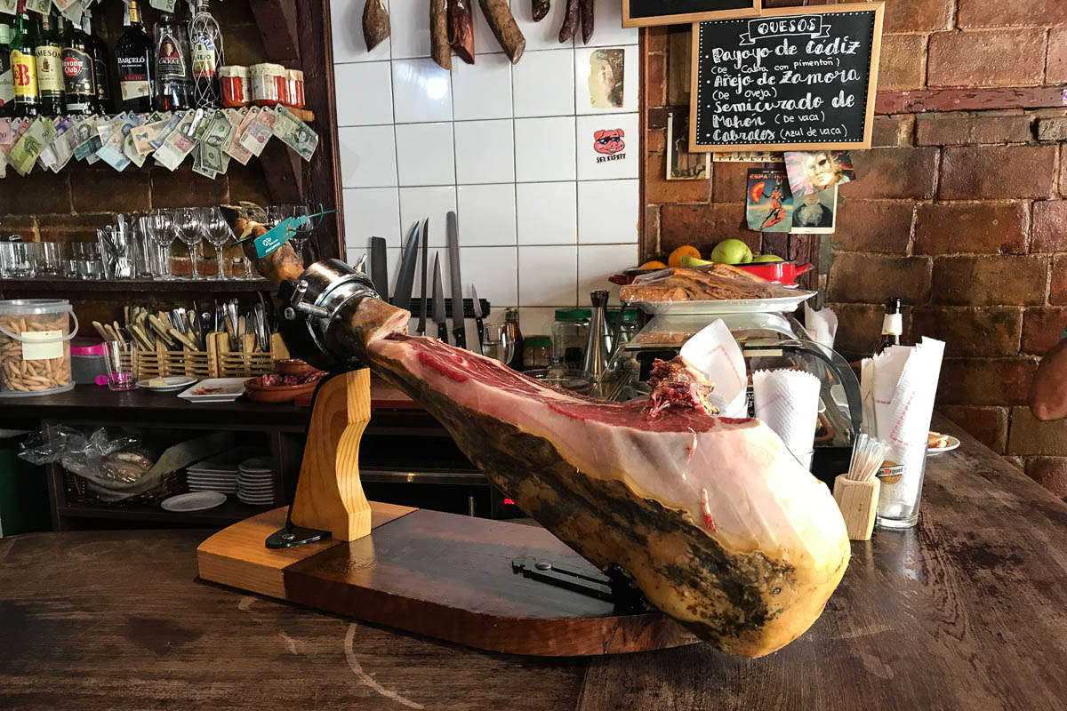 Typical ham on a bar in Madrid. Order a drink and sometimes a few slices come with it