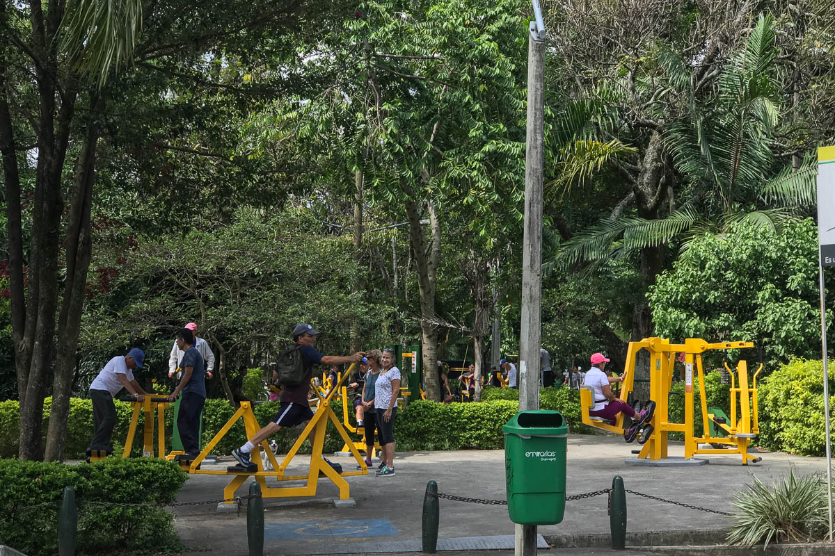 Outdoor gym equipment next to the stadium