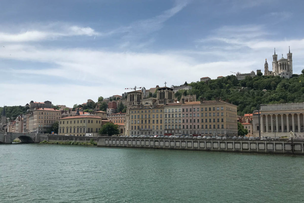 The Saone looking back towards Basilica of Notre-Dame de Fourvière