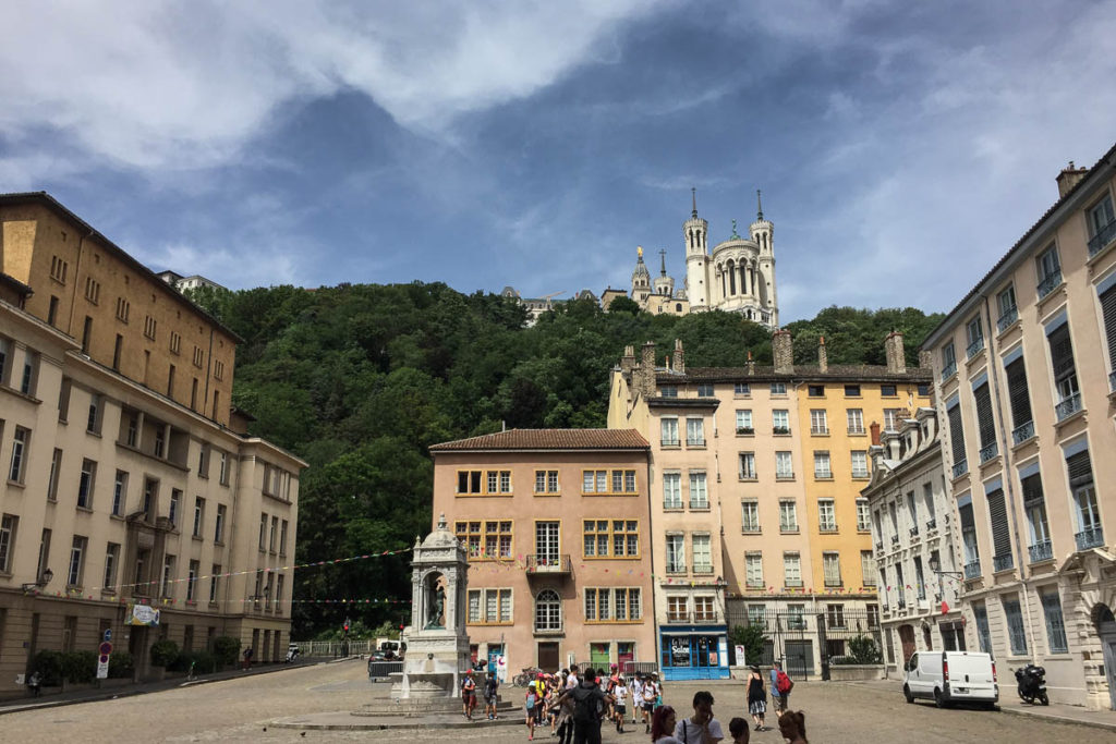 Outside Saint Jean Cathedral, Basilica of Notre-Dame de Fourvière is at the top of the hill