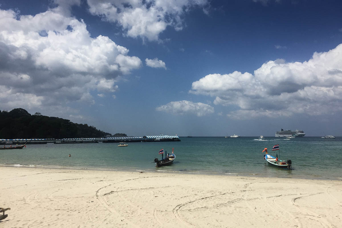 Patong bay with its ingenious floating harbor. It is removed during monsoon season.